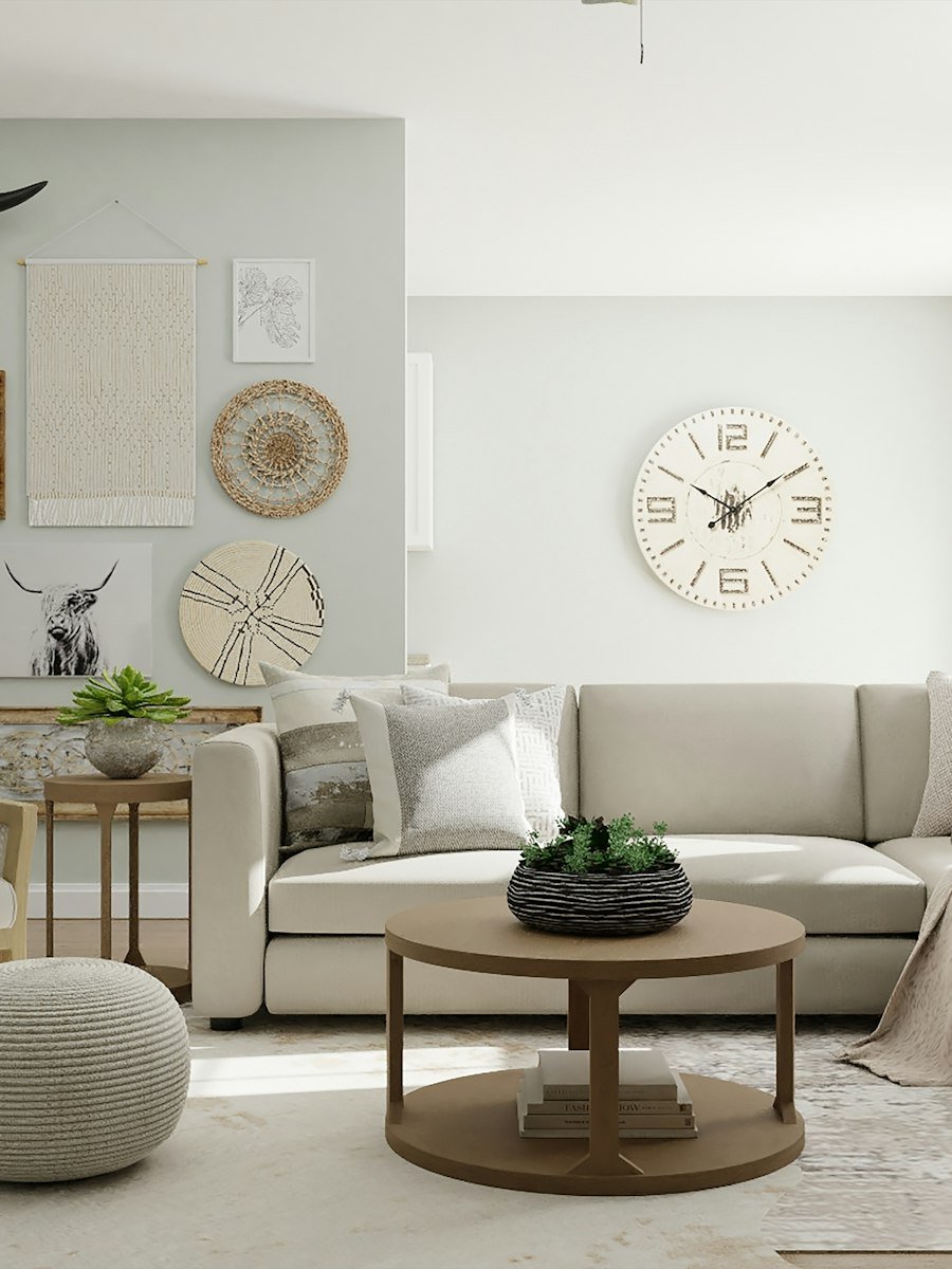 Beige blackout curtains in a bright living room