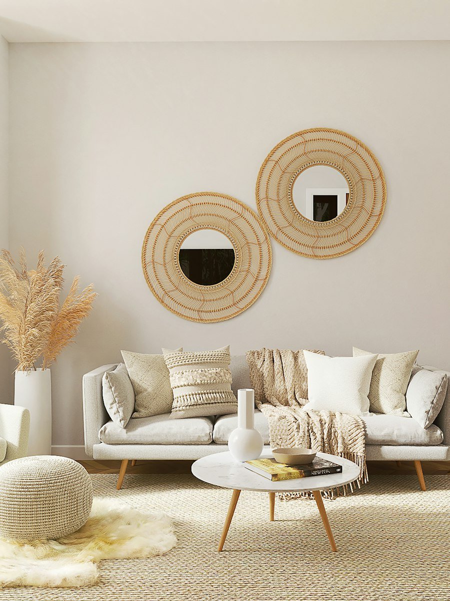 Navy velvet curtains in a styled living room